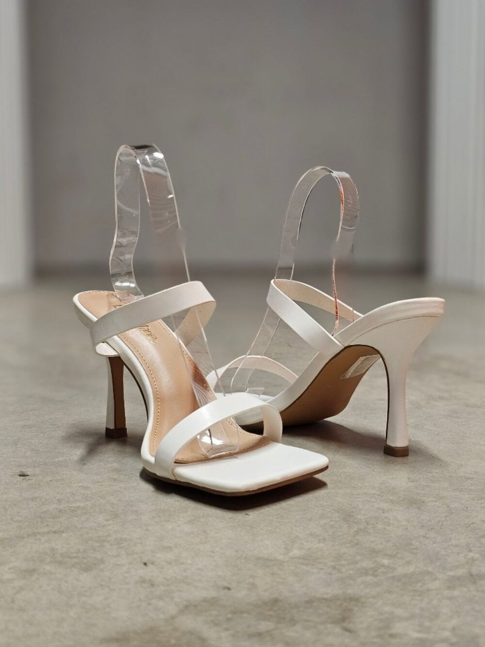 Square Toe White Strappy High Heel Sandals With Double Strap Design For Women - Picture 11 of 13